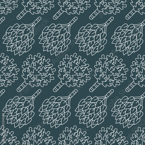 Sauna, steam bath room seamless pattern with line icons. Bathroom equipment birch, oak brooms. Finnish, russian banya. Health care background for spa center.