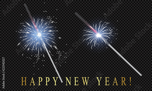 Christmas realistic bengal light effect. Isolated sparkler light vector design elements. Transparent template of glowing sparkler for Xmas Holiday greeting card design. Happy New Year decoration light