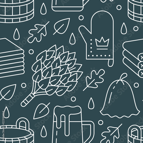 Sauna, steam bath room seamless pattern with line icons. Bathroom equipment birch, oak broom, bucket, beer. Finnish, russian banya. Health care background for spa center.