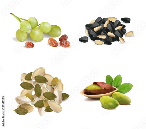 Set of pistachios, seeds, pumpkin seeds, raisins from grapes on a white background. Vector illustration.