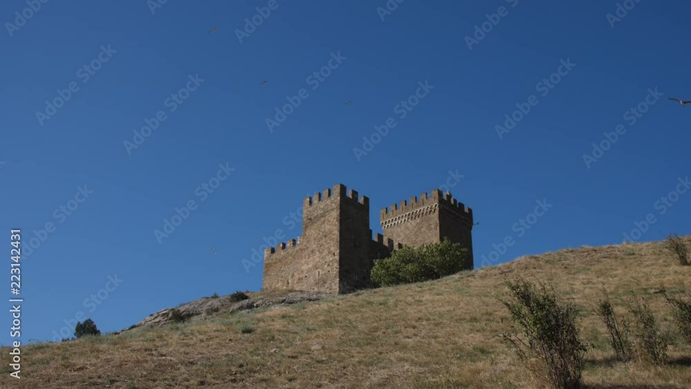 Black crows fly in the sky over the fortress on a rock Black crows fly in the sky over the fortress on a rock