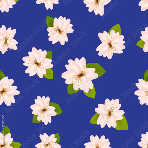 Spring cherry blossoms.  Seamless pattern with Japanese  sakura. Flowers on blue background. Romantic  Vector illustration.