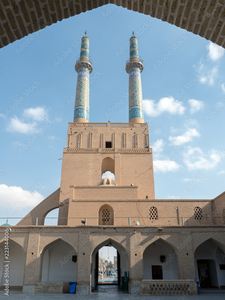 Jameh mosque courtyard and minarets, Yazd, Iran