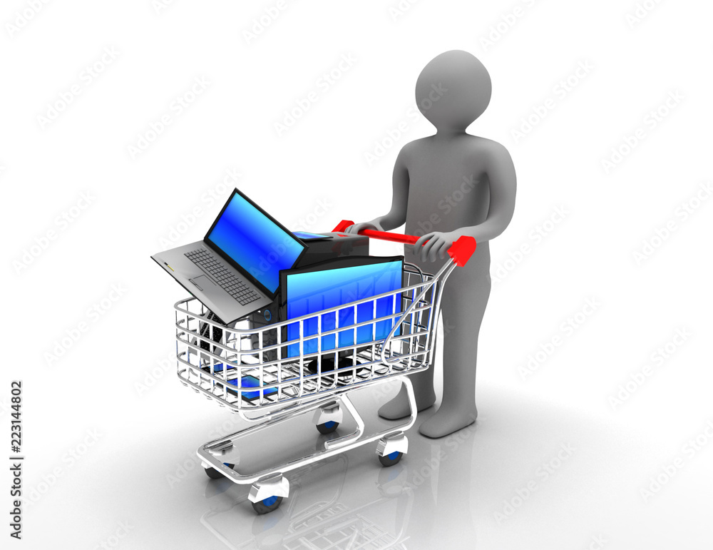 3d man with shopping cart with electronics 3d man with shopping cart with electronics