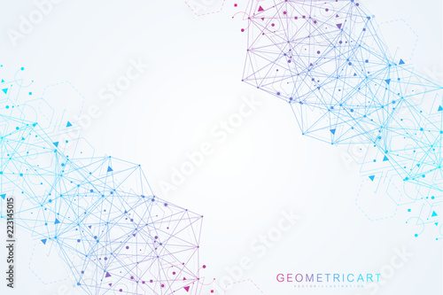 Geometric abstract background with connected line and dots. Scientific concept for your design. Global cryptocurrency blockchain business banner concept. Vector illustration