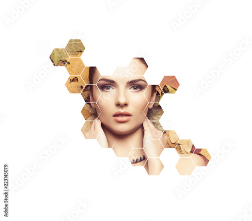 Portrait of young, natural and healthy woman over autumn leaves background. Healthcare, spa, makeup and face lifting concept with honeycomb grid.