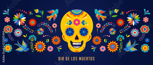 Day of the dead, Dia de los muertos background, banner and greeting card concept with sugar skull.