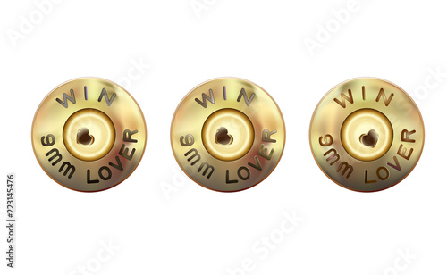 Lover weapons 9 mm. Caliber of weapon bullets icon. The rim and primer mall-arms cartridges, base cartridge. Caliber of weapon bullets icon flat. Heart firing pin weapon. Vector illustration
