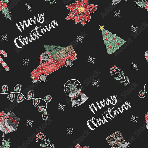 Seamless pattern with  Christmas  elements painted colored chalk on blackboard. Vector.