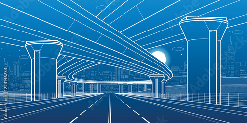 City architecture and infrastructure illustration, automotive overpass, big bridges, urban scene. Night town. White lines on blue background. Vector design art