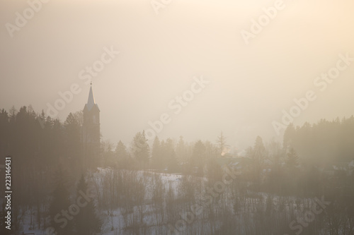 Foggy winter landscape, Szklarska Poreba, Poland.