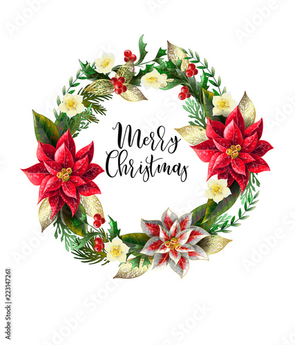 Christmas wreath with slogan, golden elements, branches and flowers. Vector illustration.