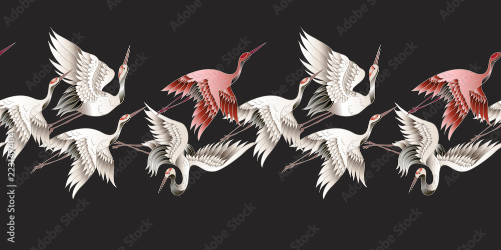 Fototapeta Seamless border with Japanese white crane in batik style. Vector illustration.