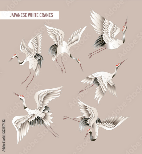 Fotografiet Japanese white crane in batik style. Vector illustration.