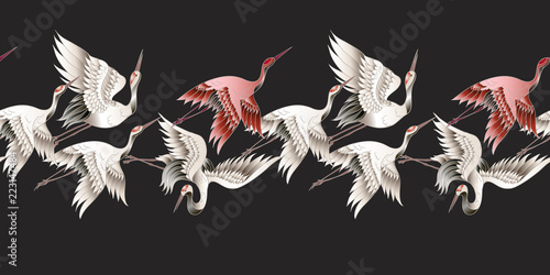 Seamless border with Japanese white crane in batik style. Vector illustration. photo