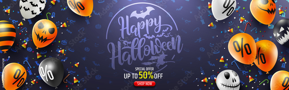 Halloween Sale Promotion Poster with Halloween candy and Halloween Ghost Balloons.Scary air balloons.Website spooky or banner template.Vector illustration EPS10