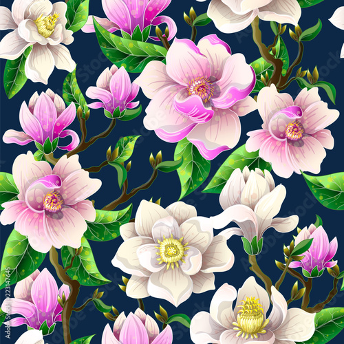 Seamless pattern with magnolia flowers on a blue background. Vector illustration.