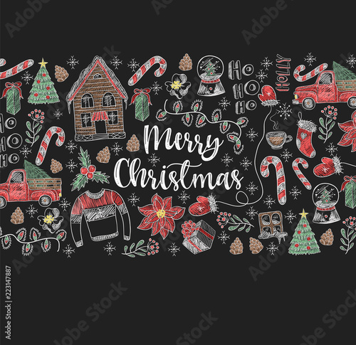 Banner of  Merry Christmas with elements painted colored chalk on blackboard. Vector.