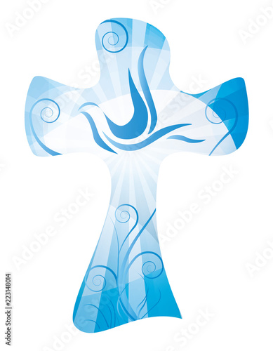 Vector christian cross isolated with dove. Religious sign - multiple exposure
