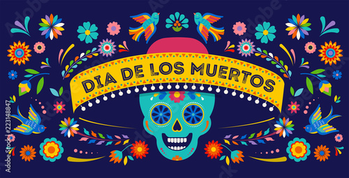 Day of the dead, Dia de los muertos background, banner and greeting card concept with sugar skull.