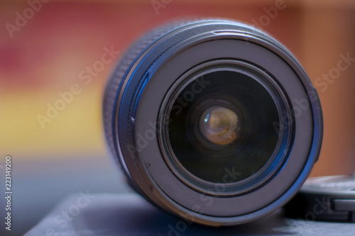 Macro view of professional photograph camera lens