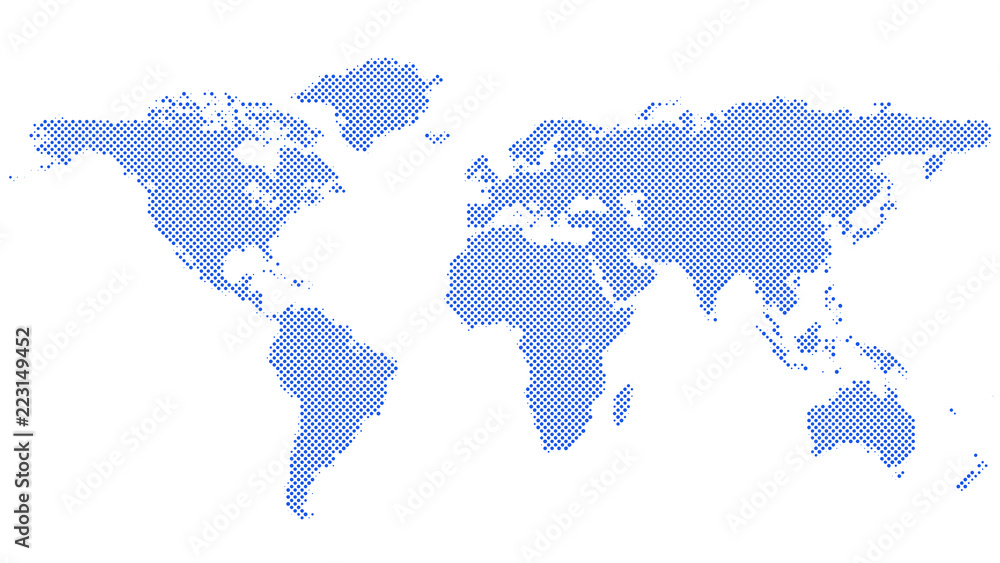 Obraz premium Blue halftone circle pattern world map background - vector graphic