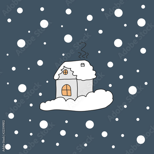Merry christmas poster hand drawn house with light in window and with snowfall. New year and christmas card.