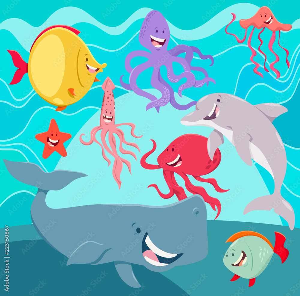sea life animals cartoon characters underwater Stock Vector | Adobe Stock