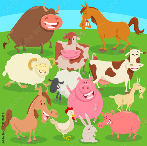 farm animals on the meadow cartoon illustration