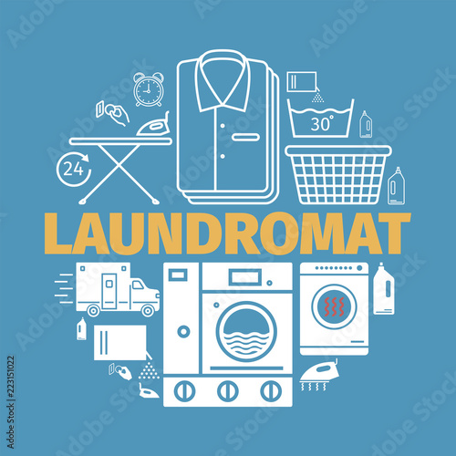 Laundromat banner. Dry cleaning services Vector illustration.