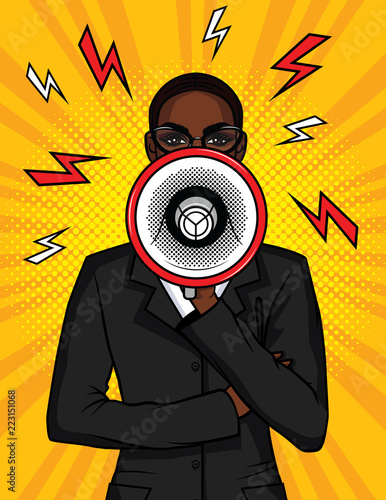Vector colorful pop art comic illustration of an african american girl with a loudspeaker in her hand. The business woman speaks in a megaphone. Portrait of a boss girl with a mouthpiece
