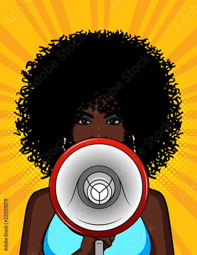 Vector colorful illustration of an african american girl with a loudspeaker in her hand. The stylish woman speaks in a megaphone. Portrait of a young girl with curly hair with a mouthpiece