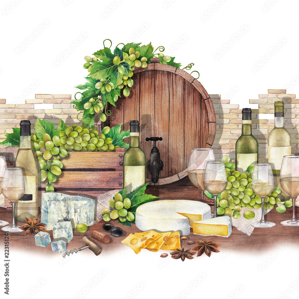 Watercolor barrel, box of grapes, wine glasses and bottles, cheese and star anise