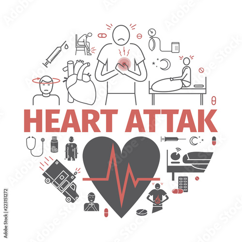 Heart Attack Banner. Symptoms, Treatment. Vector signs for web graphics.