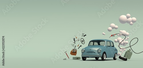 Banner with a passenger blue retro car with a gas bubble, surrounded by flying around auto parts. Isolated on a turquoise background. 3D rendering. photo
