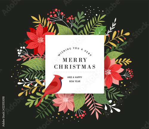 Merry Christmas greeting card in elegant, modern and classic style with leaves, flowers and bird