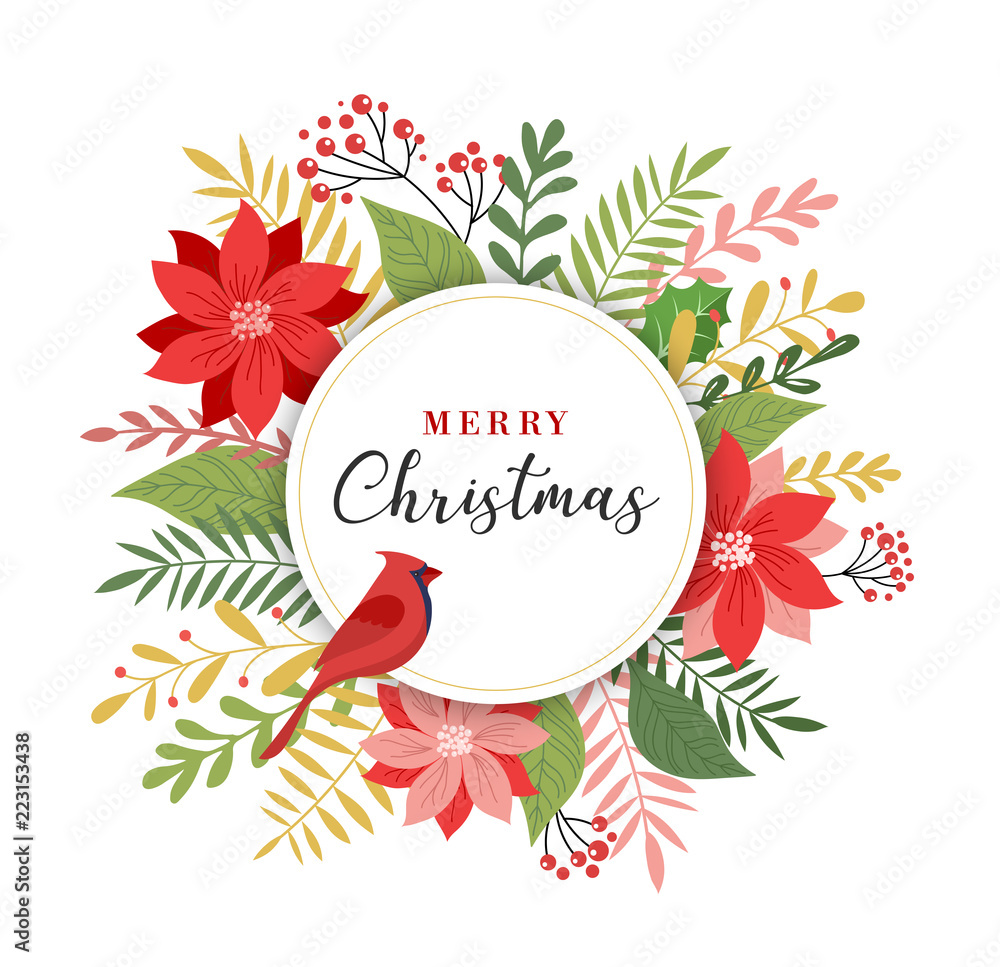 Fototapeta Merry Christmas greeting card in elegant, modern and classic style with leaves, flowers and bird