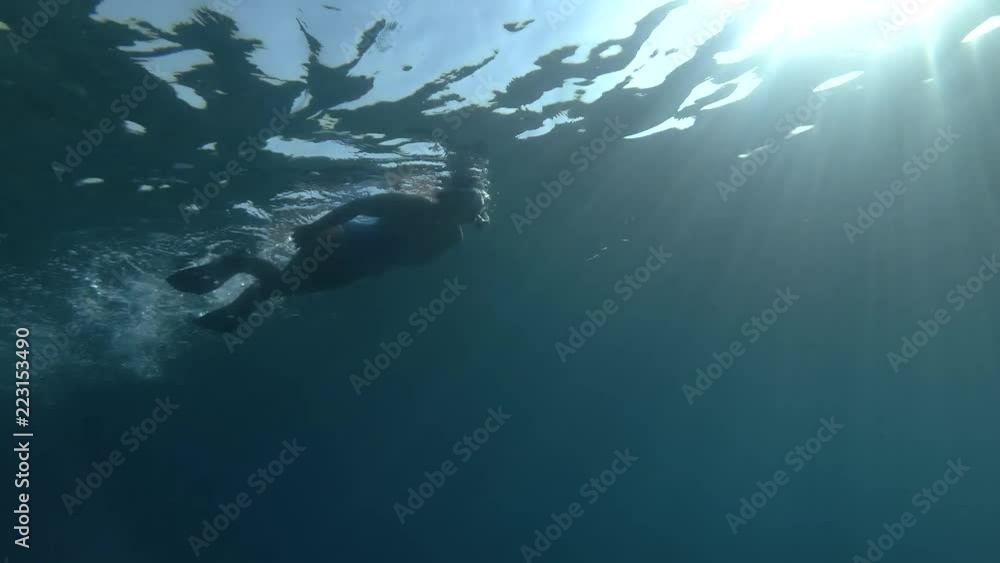 Woman in a mask and fins swim on the surface of water (Low-angle shot ...