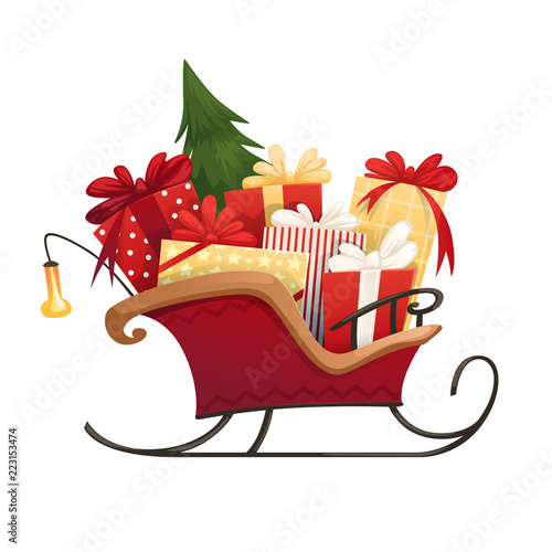 Santa's sleigh with Christmas gifts boxes with bows and Christmas tree. Vector illustration photo