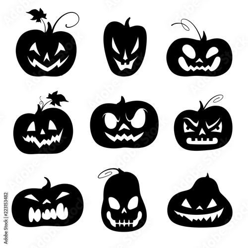 Set of black silhouettes of carved pumpkins for Halloween. Vector illustration