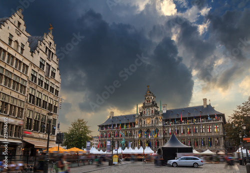 Ominous clouds Antwerp city hall at the great market square (Grote Markt) in Belgium on a stormy summer day 