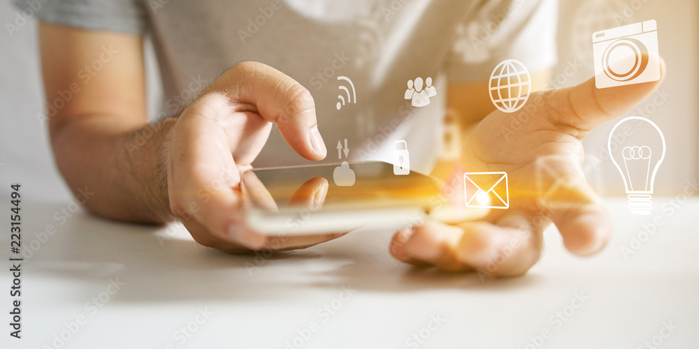 Obraz premium Application icons interface on smartphone. Social media concept