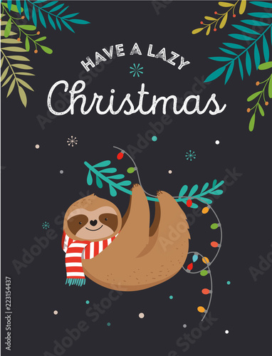 Cute sloths, funny Christmas illustrations with Santa Claus costumes, hat and scarfs, greeting cards set, banner