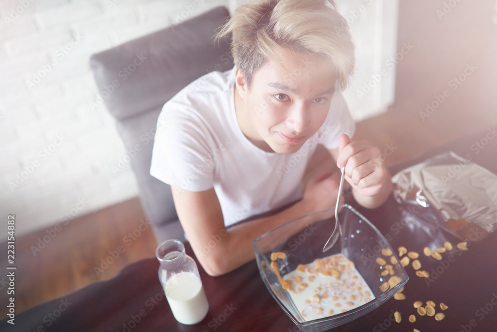 Corn flakes with milk for breakfast Corn flakes with milk for breakfast