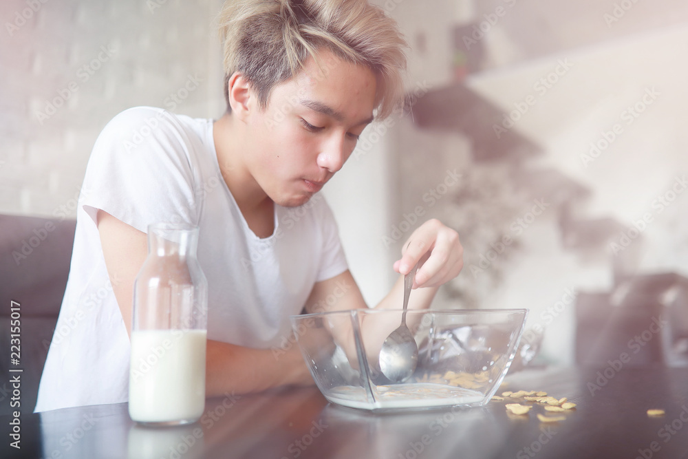 Corn flakes with milk for breakfast