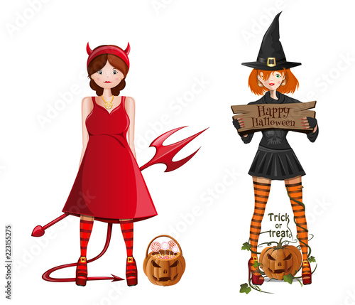 Cute girls in fancy dress for Halloween. A girl in a witch costume and a girl in a demon costume. Halloween design. Trick or treat. Vector illustration isolated on white background