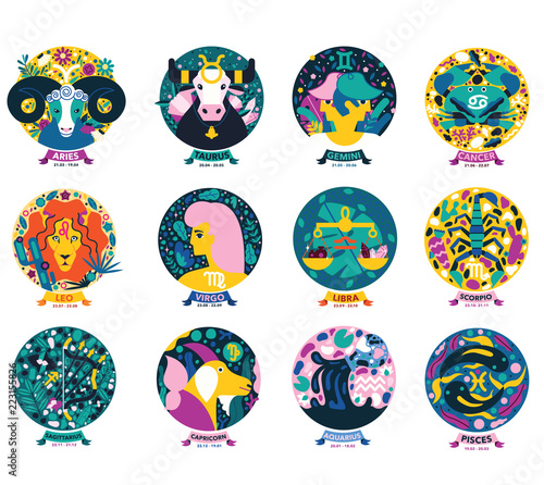 Illustrated zodiac signs icon. Colorful modern horoscope badges.