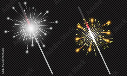 Christmas realistic bengal light effect. Isolated sparkler light vector design elements. Transparent template of glowing sparkler for Xmas Holiday greeting card design. Happy New Year decoration light