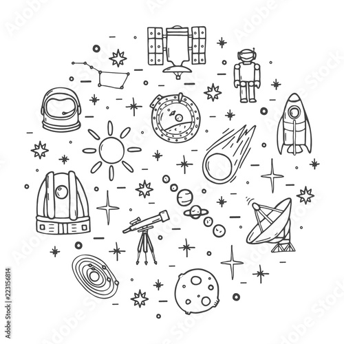Space icons big set, hand drawn style