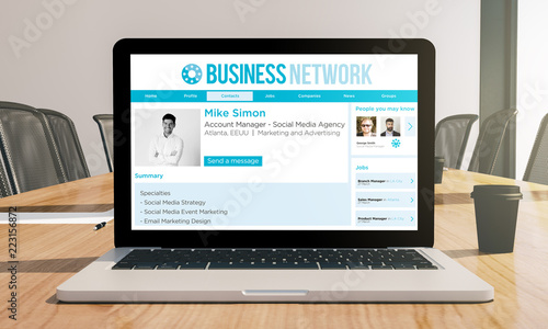 business network screen laptop on conference room mockup